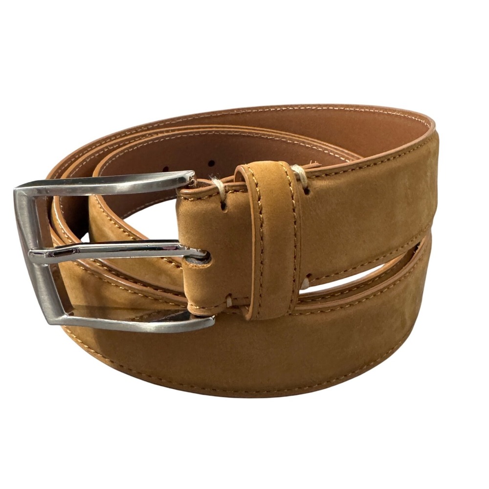 Ground Mind Belt Mens‎ 44 Tan Genuine Leather Nubuck Silver Buckle Work Casual